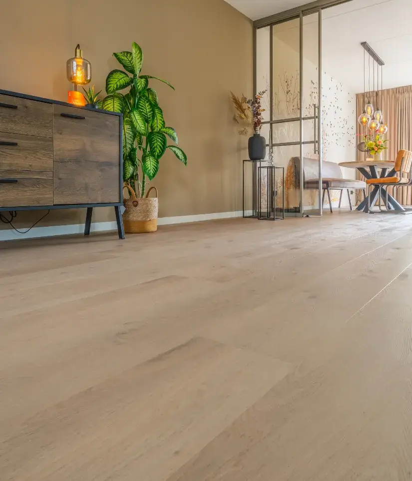 PVC vloer met rechte planken in een woonkamer met kast en plant